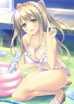  :d bikini blush braid breasts brown_eyes brown_hair cleavage frilled_bikini frills grass hose large_breasts long_hair motomiya_mitsuki navel open_mouth original porch ramune sandals smile solo swimsuit two_side_up wading_pool 