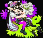  2girls aori_(splatoon) black_hair blush brown_eyes green_eyes hotaru_(splatoon) inkling kabyu multiple_girls nintendo siblings simple_background sisters splatoon tentacle_hair white_hair 