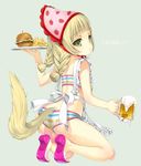  alcohol apron ass bad_id bad_twitter_id beer beer_mug bikini braid brown_eyes brown_hair cup elin_(tera) emily_(pure_dream) food food_print french_fries from_behind hamburger hat holding holding_cup kneeling long_hair looking_back shoes solo strawberry_print striped striped_bikini swimsuit tail tera_online tray twin_braids twintails waitress 