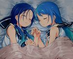  bare_shoulders bed blue_hair blush kantai_collection multiple_girls oge_(ogeogeoge) samidare_(kantai_collection) sleeping suzukaze_(kantai_collection) yuri 