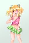  aquarion_(series) aquarion_logos blonde_hair blush breasts frills gradient gradient_background hair_ornament navel open_mouth pink_eyes short_hair skirt solo twintails uminagi_karan 