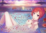  alternate_hairstyle bath bathing blurry breasts depth_of_field floating hair_between_eyes hair_up kalian looking_at_viewer love_live! love_live!_school_idol_project lying medium_breasts nishikino_maki on_back open_mouth partially_submerged petals petals_on_liquid purple_eyes red_hair rose_petals short_hair solo 