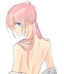  aqua_eyes clothes_down from_behind inazuma_eleven_(series) inazuma_eleven_go kirino_ranmaru long_hair looking_back male_focus pink_hair shino_(syllable) shirt_down simple_background solo twintails upper_body white_background 