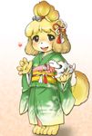  animal_crossing barefoot blonde_hair blue_eyes blush canine dog doubutsu_no_mori feet fur furry gradient gradient_background hair_ornament happy isabelle_(animal_crossing) japanese_clothes japanese_cltohing kemono mammal nintendo open_mouth setouchi_kurage shizue_(doubutsu_no_mori) snake solo tail toes video_games yellow_fur 