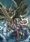  armor blue_eyes bowgun claws dragon forehead_protector gateofrage grey_hair halo highres holding holding_weapon ice kushala_daora looking_at_another midriff monster_hunter open_mouth sharp_teeth teeth tongue weapon wings zinogre_(armor) 