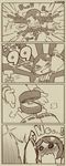  &gt;_&lt; 1girl 4koma :d @_@ admiral_(kantai_collection) blush closed_eyes comic detached_sleeves english glasses hairband highres jewelry kantai_collection kirishima_(kantai_collection) level_up monochrome one_eye_closed open_mouth proposal rejection ribbon-trimmed_sleeves ribbon_trim ring rotix smile sunburst t-head_admiral turret wedding_band xd 
