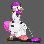  2015 anthro anus backsack balls big_balls bovine butt cattle clothing cowbell crouching girly hair hi_res horn huge_balls hyper hyper_balls laiche legwear long_hair male mammal penis purple_eyes purple_hair simple_background solo suirano thick_penis tongue tongue_out vein 