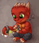  2014 anthro chibi clothed clothing dragon green_eyes half-dressed horn krazen legwear lizard male red_skin reptile scalie simple_background sitting smile solo teeth tizzle_bizzle 