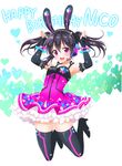  :d animal_ears black_hair blush bunny_ears bunny_pose character_name happy_birthday headset heart looking_at_viewer love_live! love_live!_school_idol_project open_mouth red_eyes sakurai_makoto_(custom_size) smile solo sparkle thighhighs twintails yazawa_nico zettai_ryouiki 
