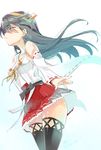  artist_name bare_shoulders black_hair closed_eyes detached_sleeves hairband haruna_(kantai_collection) headgear highres imu_sanjo japanese_clothes kantai_collection long_hair nontraditional_miko ribbon-trimmed_sleeves ribbon_trim signature skirt solo thighhighs 