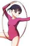  black_eyes black_hair cowboy_shot eyebrows_visible_through_hair gymnast_leotard gymnastics highres hoop leotard matsunaga_kouyou original pink_leotard ponytail rhythmic_gymnastics short_hair solo 