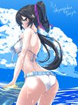  alternate_costume ass bikini black_hair breasts cloud day frills from_behind hair_between_eyes hair_tousle kantai_collection kyougoku_touya large_breasts long_hair looking_at_viewer looking_back midriff open_mouth ponytail red_eyes scrunchie sidelocks solo swimsuit wading wet wet_clothes white_bikini yahagi_(kantai_collection) 