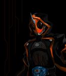  belt black_background black_eyes cloak hood horn kamen_rider kamen_rider_ghost kamen_rider_ghost_(series) male_focus mask mudamudamuda ore_damashii solo 