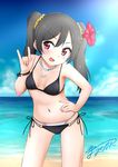  :d \m/ beach bikini bikini_bottom black_bikini black_hair blush bow cloud day flower hair_flower hair_ornament hand_on_hip hibiscus highres kuri_youkan layered_bikini looking_at_viewer love_live! love_live!_school_idol_project midriff navel open_mouth outdoors red_eyes short_hair side-tie_bikini sky smile solo swimsuit twintails water white_bikini_bottom yazawa_nico 