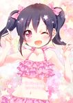  :d \m/ bikini black_hair blush bow character_name dated double_\m/ ech frilled_bikini frills hair_bow happy_birthday looking_at_viewer love_live! love_live!_school_idol_project midriff navel nico_nico_nii one_eye_closed open_mouth pink_bikini red_eyes short_hair smile solo swimsuit twintails yazawa_nico 
