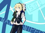  alternate_costume blonde_hair breasts ear_protection green_eyes gun hand_on_hip iris_(material_sniper) karo-chan material_sniper navel pants ponytail rifle scope shirt sleeves_rolled_up small_breasts sniper_rifle solo vest weapon 