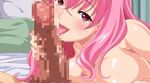  1girl 3ping_lovers!_ippu_nisai_no_sekai_e_youkoso animated animated_gif blush censored handjob licking long_hair penis pink_eyes pink_hair shiny_skin tongue 