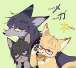  animal animalization blue_eyes cat clothed_animal dog fox glasses hair_ornament hairclip hakata_toushirou maruneko necktie no_humans purple_eyes red-framed_eyewear touken_ranbu translated whiskers yagen_toushirou yellow_eyes 