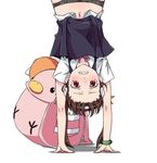  1girl bag bakemonogatari black_panties blush bracelet brown_hair hachikuji_mayoi hair_ribbon hairband hairline handstand jewelry monogatari_(series) nisemonogatari panties red_eyes ribbon school_uniform simple_background small_breasts solo teeth touryou twintails underwear upside-down wavy_mouth 