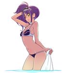  arm_up bikini breasts chan_co cowboy_shot eyewear_on_head from_side leaning_forward looking_at_viewer navel pretty_(series) pripara purple_bikini purple_hair side_ponytail small_breasts smile solo sunglasses swimsuit toudou_shion towel wading yellow_eyes 