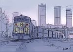 building day fedex ground_vehicle no_humans original purple railroad_tracks seo_tatsuya sketch sky skyscraper train twitter_username 