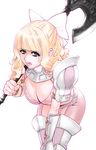  armor axe battle_axe blonde_hair bow breasts charlotte_(fire_emblem_if) cleavage fire_emblem fire_emblem_if hair_bow holding holding_axe holding_weapon large_breasts lips lipstick long_hair makeup pauldrons pink_lipstick purple_eyes solo spikes tuqi_pix vambraces weapon white_bow 