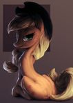  2015 applejack_(mlp) assasinmonkey blonde_hair cowboy_hat cutie_mark equine female freckles friendship_is_magic green_eyes hair hat horse looking_at_viewer looking_back mammal my_little_pony pony ponytail sitting solo 