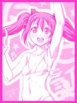  \m/ abriel00 arm_up armpits bangs beamed_sixteenth_notes bikini blush border bow breasts covered_nipples hair_between_eyes hair_bow long_hair love_live! love_live!_school_idol_project midriff monochrome musical_note navel nico_nico_nii pink pink_border small_breasts solo star swimsuit twintails yazawa_nico 