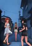  akatsuki_miho akemiho_tabi_nikki black_hair breasts brown_eyes brown_hair cleavage dress fukube_tamaki highres kouno_hikaru large_breasts long_hair multiple_girls oribe_shiori power_lines real_world_location red_eyes sandals see-through_silhouette short_dress short_hair sundress tank_top telephone_pole 