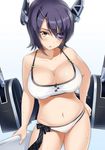  bikini breasts eyepatch headgear kantai_collection large_breasts mocchi open_mouth purple_hair short_hair solo swimsuit tenryuu_(kantai_collection) yellow_eyes 