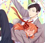  1girl bad_id bad_pixiv_id black_hair blazer blush bow brown_eyes confetti gekkan_shoujo_nozaki-kun hair_bow hat jacket mery_(apfl0515) necktie nozaki_umetarou orange_hair party_hat polka_dot polka_dot_bow rouman_academy_uniform sakura_chiyo school_uniform wavy_mouth 