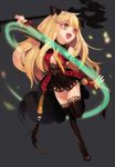  animal_ears blade_&amp;_soul blonde_hair breasts detached_sleeves dress high_heels long_hair lyn_(blade_&amp;_soul) magic open_mouth see-through shoes small_breasts smile solo staff standing standing_on_one_leg tail thighhighs weapon wolf_ears yellow_eyes 
