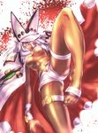  barefoot belt beltbra breasts cape dark_skin feet guilty_gear guilty_gear_xrd highres kicking long_hair makie_fujiyuki medium_breasts navel orange_eyes ramlethal_valentine short_shorts shorts slit_pupils smile solo standing standing_on_one_leg thigh_strap thighs toes underboob white_hair 