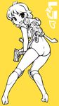  1zu3 ass boots copyright_name full_body gun heart knee_boots layla_(character) layla_(game) leotard looking_back short_hair smile solo weapon yellow_background 