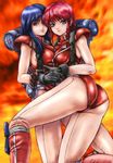  bad_id bad_pixiv_id black_gloves blue_eyes blue_hair boots elise_(layla) fiery_background fire gloves knee_boots layla_(character) layla_(game) leotard long_hair minakaya multiple_girls pantyhose red_footwear red_hair red_leotard short_hair smile 
