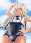  &gt;:) ;) blonde_hair blue_eyes blue_sky blush breasts cloud covered_navel cowboy_shot crop_top day dripping flower from_below hair_flower hair_ornament hand_on_hip kantai_collection long_hair looking_at_viewer old_school_swimsuit one-piece_swimsuit one_eye_closed outdoors remil ro-500_(kantai_collection) sailor_collar school_swimsuit school_uniform serafuku shiny shiny_clothes sky sleeveless small_breasts smile solo swimsuit swimsuit_under_clothes tan tanline torpedo v-shaped_eyebrows wet wristband 