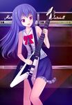  adapted_costume amplifier blue_hair bow collarbone electric_guitar guitar hifumiyo highres hinanawi_tenshi instrument long_hair marshall miniskirt music no_hat no_headwear open_mouth playing_instrument red_eyes skirt sleeveless solo touhou 