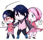  ! 1boy 2girls amputee artist_request black_hair boruto:_the_movie chibi dirty family forehead_protector haruno_sakura multiple_girls naruto pink_hair rinnegan sharingan simple_background sleeveless sword uchiha_sarada uchiha_sasuke 