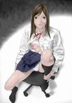  black_legwear bra bra_lift brown_eyes brown_hair death_note gradient gradient_background looking_at_viewer nipples open_shirt panties shirt sitting skirt small_breasts socks solo spread_legs tears underwear undressing upskirt white_panties yagami_sayu 