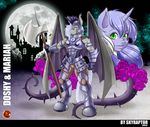  2015 anthro anthrofied armor axe bat_pony bat_wings blue_hair castle equine fan_character female flower friendship_is_magic glowing green_eyes hair horn male mammal mariah_wolves_(mlp) melee_weapon moon my_little_pony night plant polearm rose royal_guard_(mlp) skyraptor spikes standing tentcles weapon winged_unicorn wings 