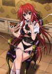  absurdres ahoge blue_eyes bra breasts cleavage crossed_legs food gotou_junji high_school_dxd highres large_breasts long_hair looking_at_viewer official_art open_mouth page_tear panties red_hair revealing_cutout rias_gremory school_uniform solo underwear very_long_hair 