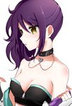  bad_id bad_pixiv_id bare_shoulders blush boo_1 breasts cleavage collar heart heart_necklace medium_breasts open_mouth pretty_(series) pripara purple_hair side_ponytail simple_background solo spiked_collar spikes strapless toudou_shion upper_body white_background yellow_eyes zipper 