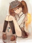  aika_warazu black_skirt blush brown_eyes brown_hair collared_shirt fire grin highres kantai_collection long_hair long_sleeves pleated_skirt ryuujou_(kantai_collection) shirt sitting skirt smile solo suspenders twintails visor_cap white_shirt 