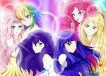  absurdres applejack blonde_hair blue_eyes blue_hair fluttershy green_eyes highres hug multicolored_hair multiple_girls my_little_pony my_little_pony_friendship_is_magic personification pink_hair pinkie_pie purple_eyes rainbow_dash rainbow_hair rarity smile streaked_hair twilight_sparkle xmlpliciousx yuri 