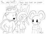  2015 animated anthro azurill big_ears black_and_white blush breasts buckteeth chespin clothed clothing dialogue elpatrixf english_text female group half-dressed hat human male mammal midriff monochrome navel nintendo open_mouth pok&eacute;mon pok&eacute;morph simple_background small_breasts text topless video_games white_background 