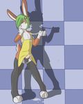  2012 apron clothing cum cum_eating cum_on_clothes dripping erection green_eyes green_hair hair lagomorph legwear lotte_(munks) male mammal munks_(artist) penis rabbit shadow solo stockings 