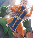  alternate_costume anachronism bodysuit breasts chiaki_rakutarou cosplay dragon_quest dragon_quest_iii hairband highres idolmaster idolmaster_(classic) kandar large_breasts long_hair open_mouth orange_bodysuit polearm poleaxe priest_(dq3) priest_(dq3)_(cosplay) red_eyes shijou_takane silver_hair solo_focus weapon 