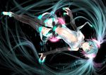  1girl barefoot black_background elbow_gloves feet full_body gloves green_eyes green_hair hatsune_miku hatsune_miku_(append) leotard long_hair navel open_clothes thighhighs twintails very_long_hair vocaloid vocaloid_append zettai_ryouiki 