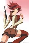  absurdres ass bare_shoulders belt blue_eyes breasts code_geass copyright_name detached_sleeves female fukano_youichi gradient gradient_background gun hair_ornament headband high_res highres kallen_stadtfeld large_breasts legs long_sleeves official_art pose red_hair short_hair shorts solo thighhighs turtleneck weapon zettai_ryouiki 