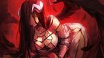  albedo black_hair breasts china_dress chinese_clothes cleavage downblouse dress highres horns large_breasts long_hair overlord_(maruyama) parted_lips red_background saliva saliva_trail solo weien wings yellow_eyes 